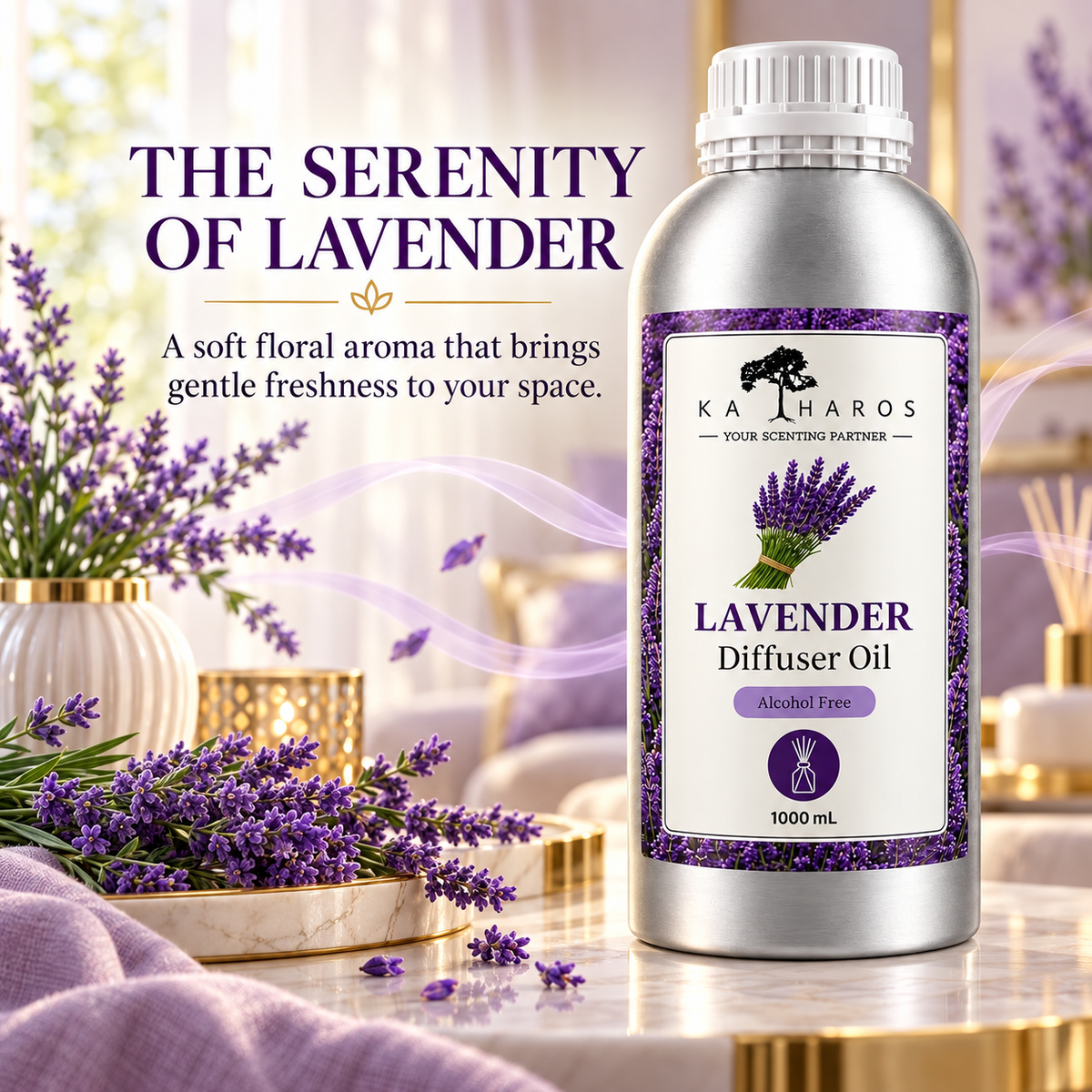 Katharos French Lavender Fragrance Oil, 1 L bottle with a visual description of its scent.