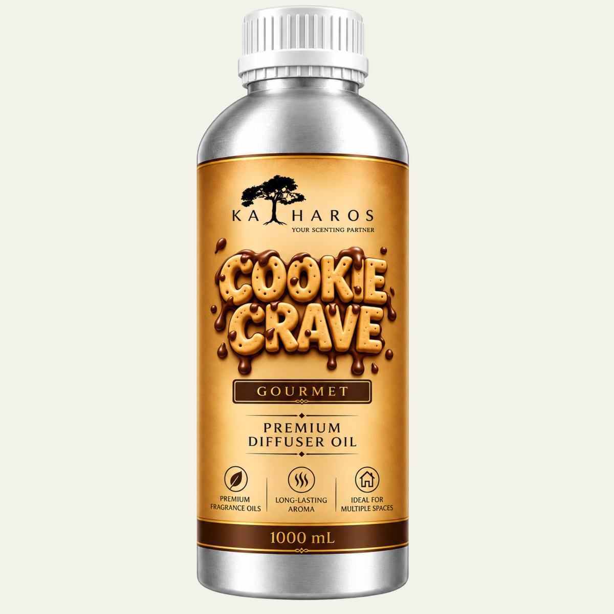 Katharos Cookie Crave Gourmet fragrance oil, 1 L bottle on a light background.