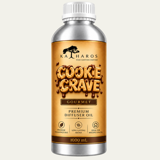 Katharos Cookie Crave Gourmet fragrance oil, 1 L bottle on a light background.