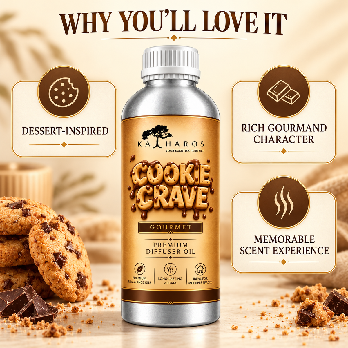 Katharos Cookie Crave Gourmet fragrance oil, 1 L bottle and fragrance character highlights.