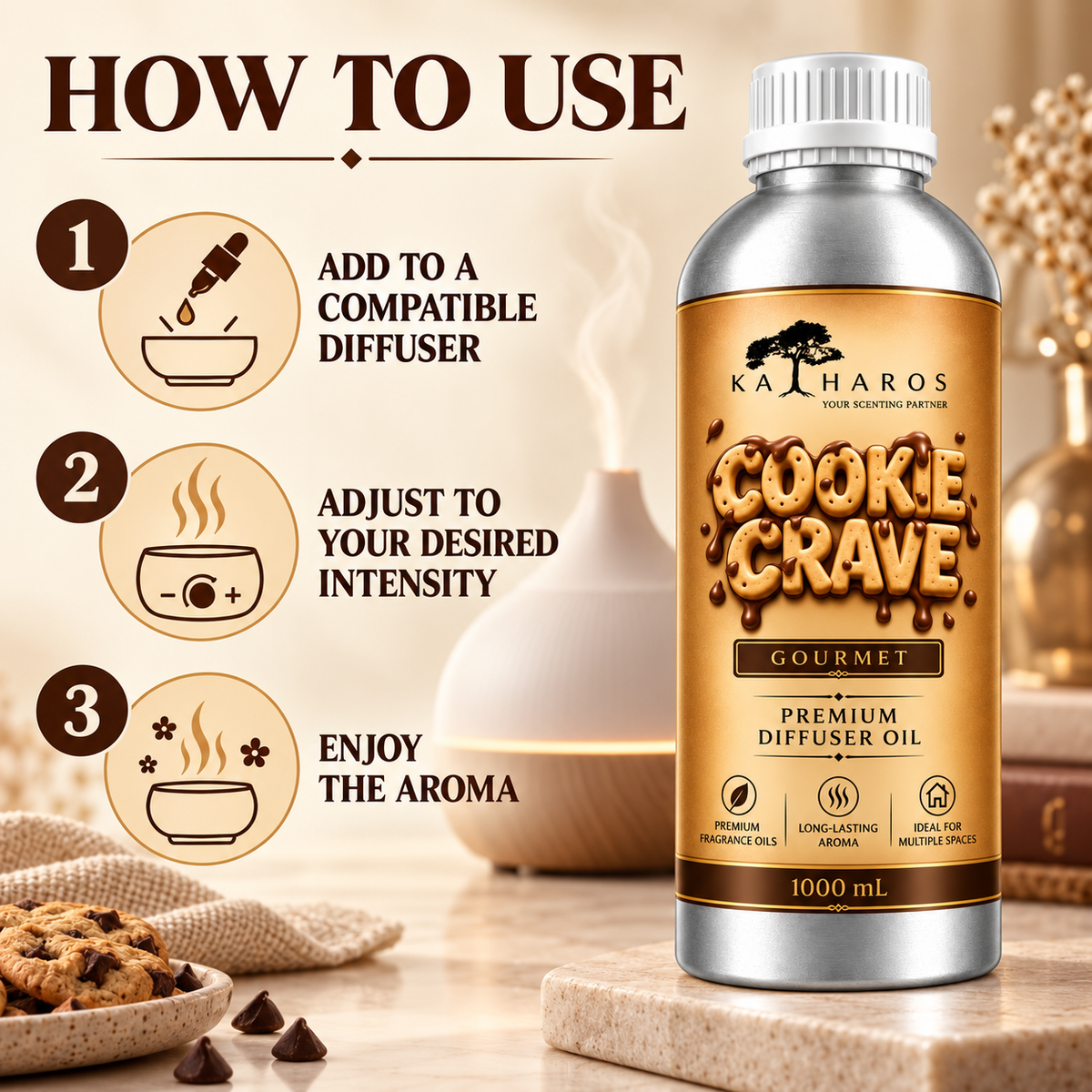 Katharos Cookie Crave Gourmet fragrance oil, instructions for use in a compatible diffuser.
