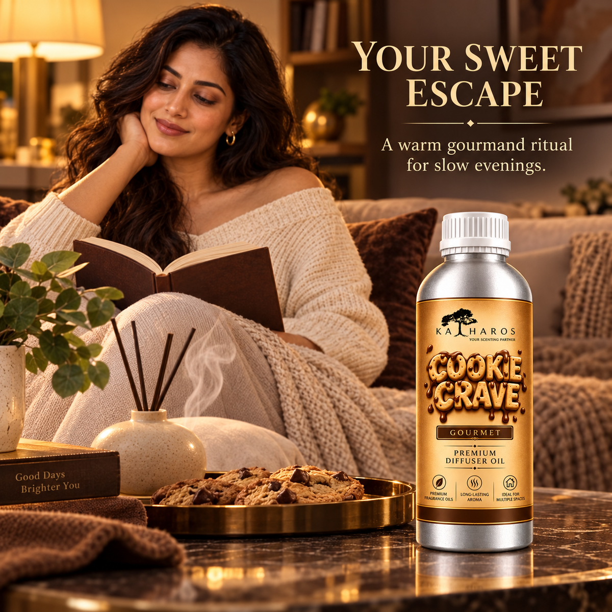 Katharos Cookie Crave Gourmet fragrance oil, 1 L bottle in a styled home setting with a diffuser.