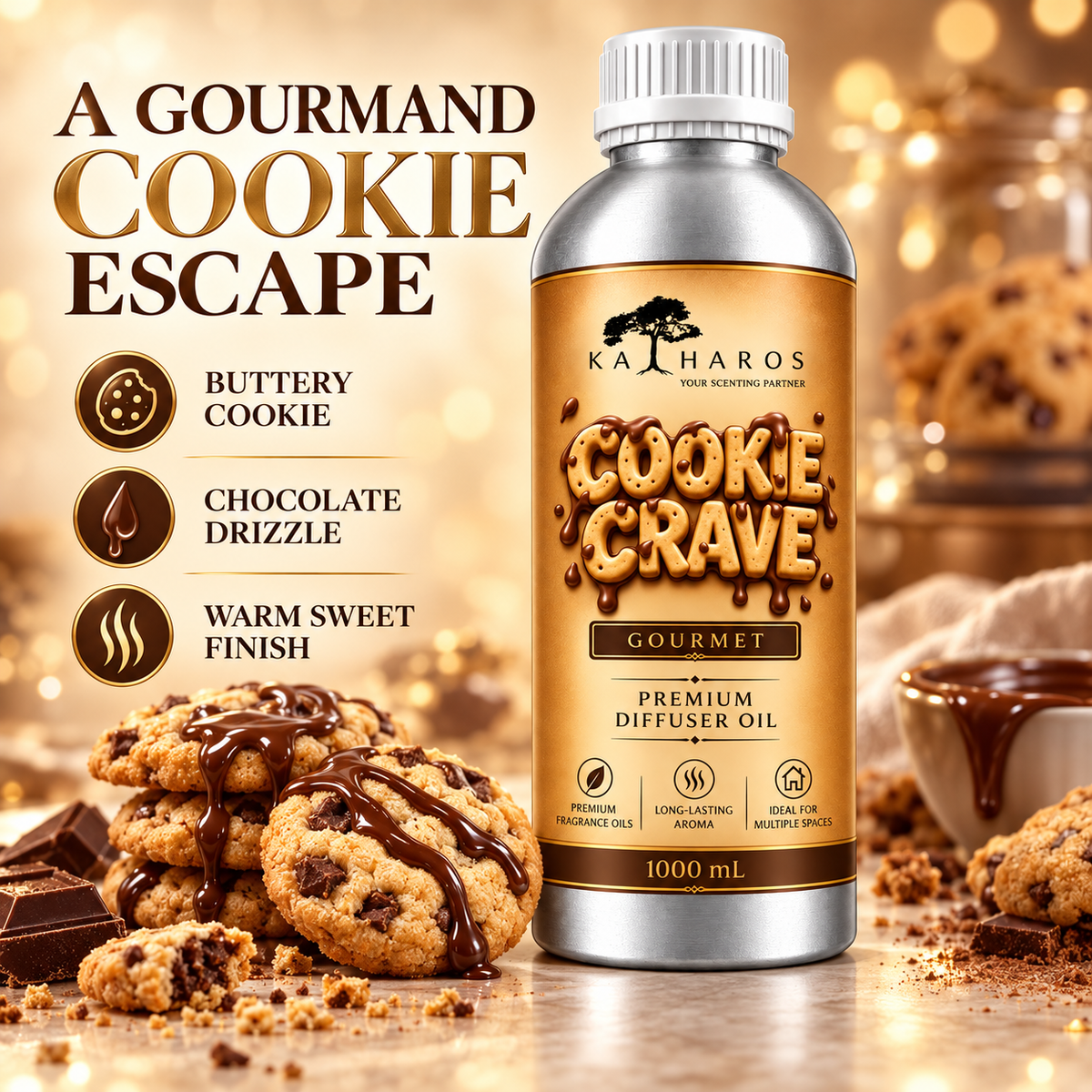 Katharos Cookie Crave Gourmet fragrance oil, 1 L bottle with cookie, chocolate and warm scent notes.