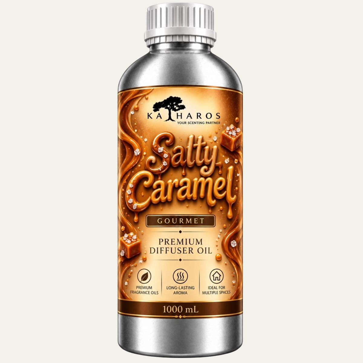 Katharos Salty Caramel Gourmet fragrance oil, 1 L bottle on a light background.