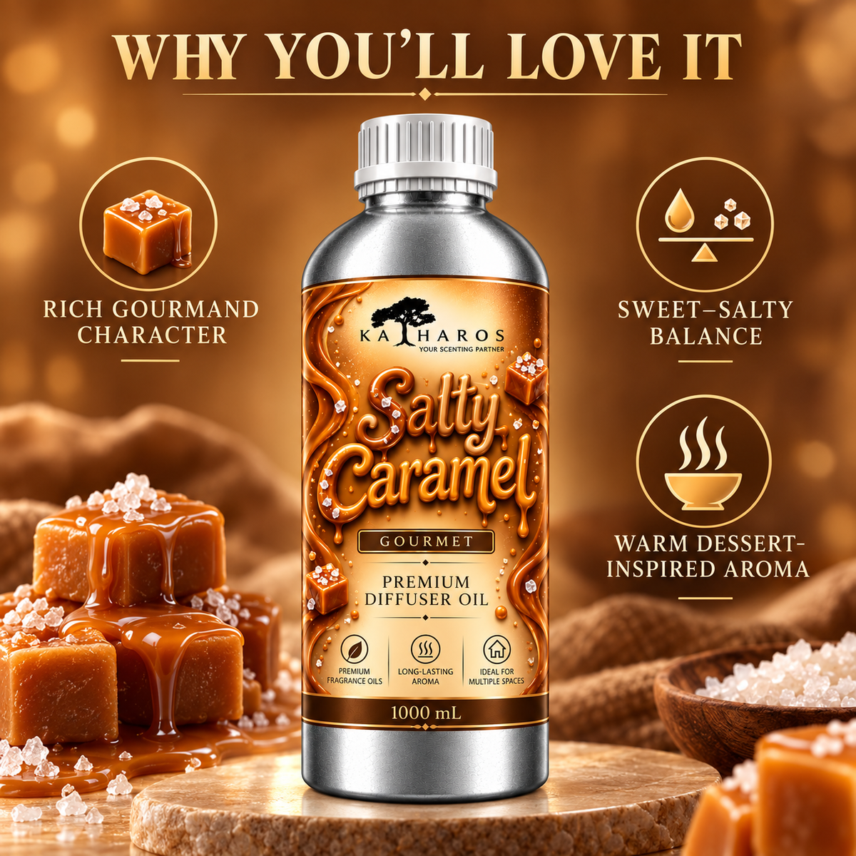 Katharos Salty Caramel Gourmet fragrance oil, 1 L bottle and fragrance character highlights.