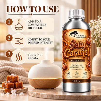 Katharos Salty Caramel Gourmet fragrance oil, instructions for use in a compatible diffuser.