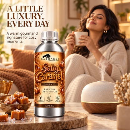 Katharos Salty Caramel Gourmet fragrance oil, 1 L bottle in a styled home setting with a diffuser.