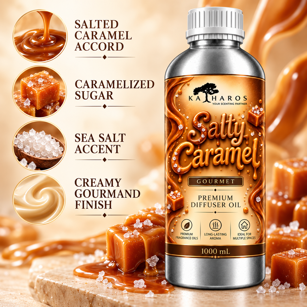 Katharos Salty Caramel Gourmet fragrance oil, 1 L bottle with sweet caramel and sea salt scent notes.