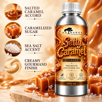 Katharos Salty Caramel Gourmet fragrance oil, 1 L bottle with sweet caramel and sea salt scent notes.