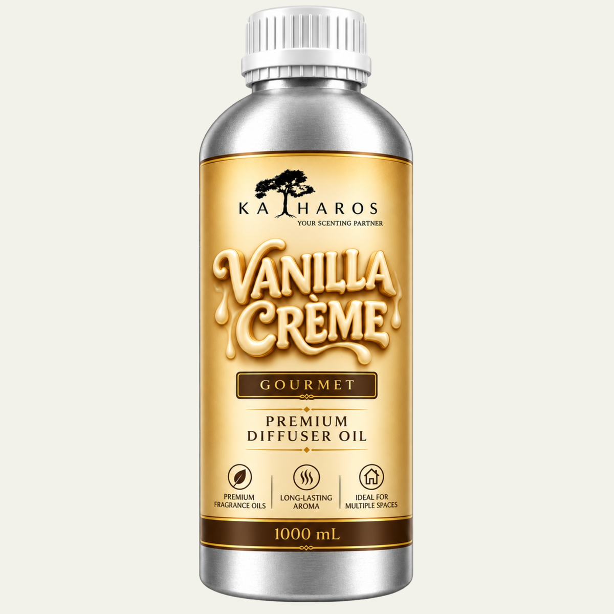 Katharos Vanilla Creme Gourmet fragrance oil, 1 L bottle on a light background.