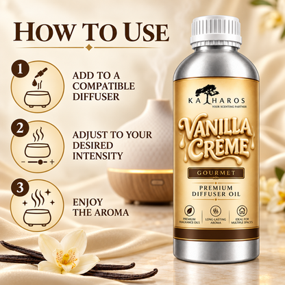 Katharos Vanilla Creme Gourmet fragrance oil, instructions for use in a compatible diffuser.
