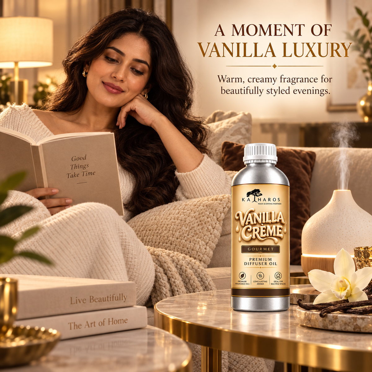 Katharos Vanilla Creme Gourmet fragrance oil, 1 L bottle in a styled home setting with a diffuser.