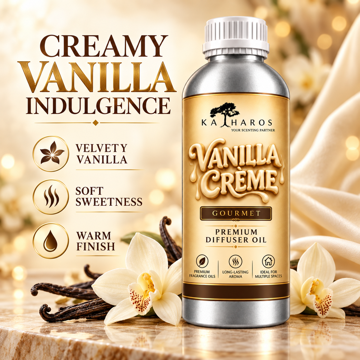 Katharos Vanilla Creme Gourmet fragrance oil, 1 L bottle with soft, creamy vanilla scent notes.
