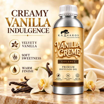 Katharos Vanilla Creme Gourmet fragrance oil, 1 L bottle with soft, creamy vanilla scent notes.