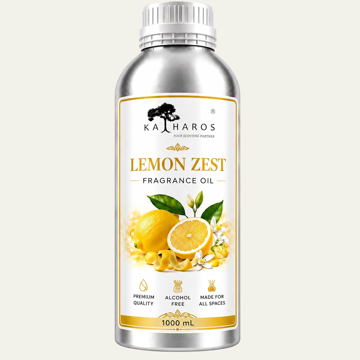 Katharos Lemon Zest Fragrance Oil, 1 L bottle on a light background.