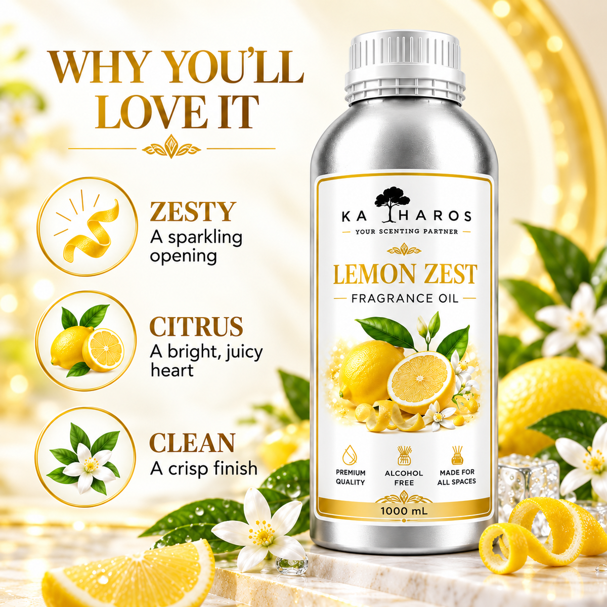 Katharos Lemon Zest Fragrance Oil, 1 L bottle with fragrance character illustrations.