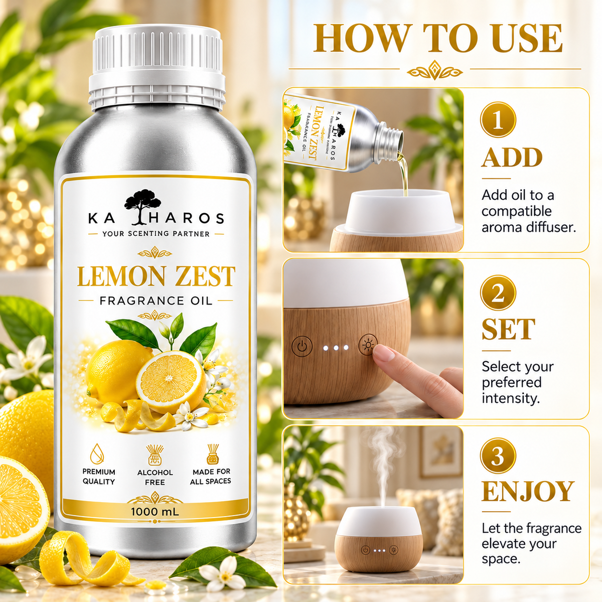 Katharos Lemon Zest Fragrance Oil, 1 L bottle with instructions for use in a compatible aroma diffuser.
