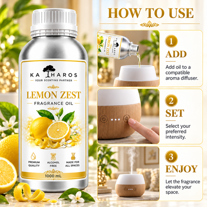 Katharos Lemon Zest Fragrance Oil, 1 L bottle with instructions for use in a compatible aroma diffuser.