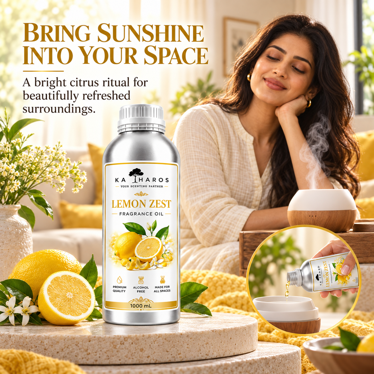 Katharos Lemon Zest Fragrance Oil, 1 L fragrance oil bottle shown beside an aroma diffuser in a home setting.