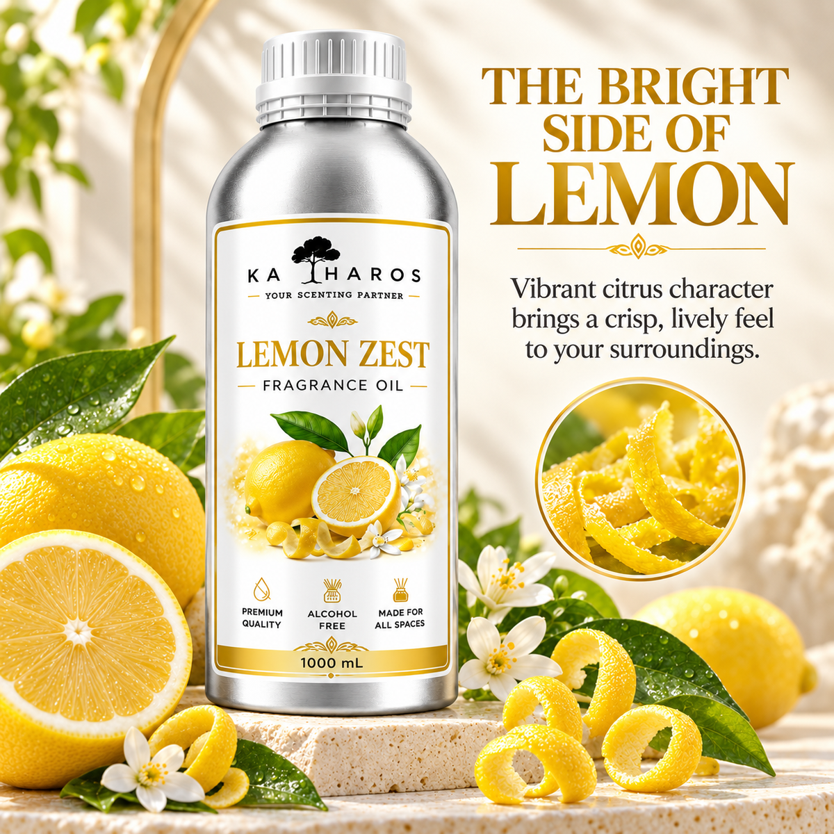 Katharos Lemon Zest Fragrance Oil, 1 L bottle with a visual description of its scent.