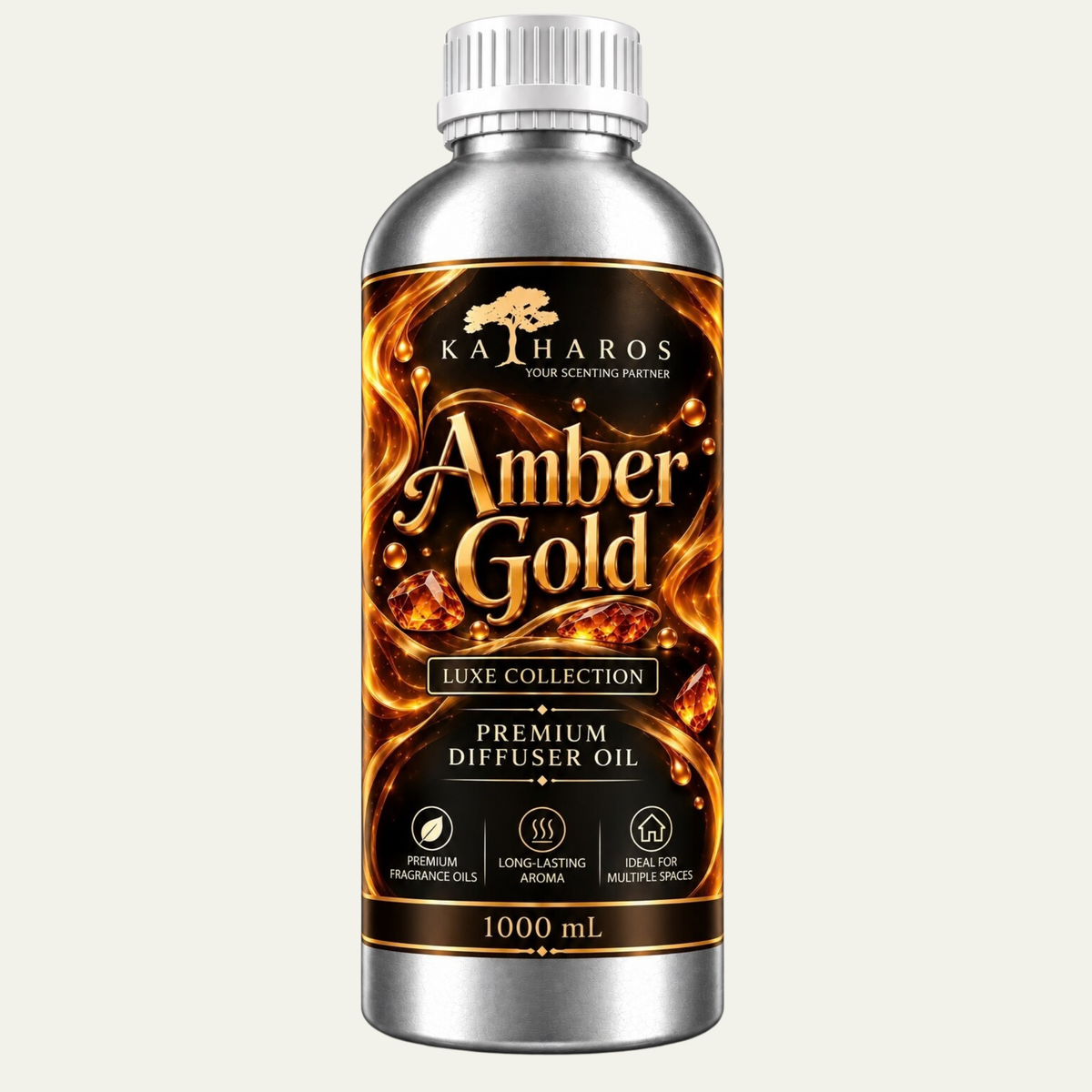 Katharos Amber Gold Luxe fragrance oil, 1 L bottle on a light background.