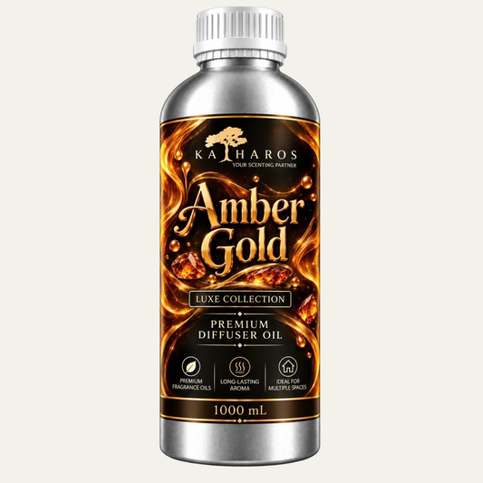 Katharos Amber Gold Luxe fragrance oil, 1 L bottle on a light background.