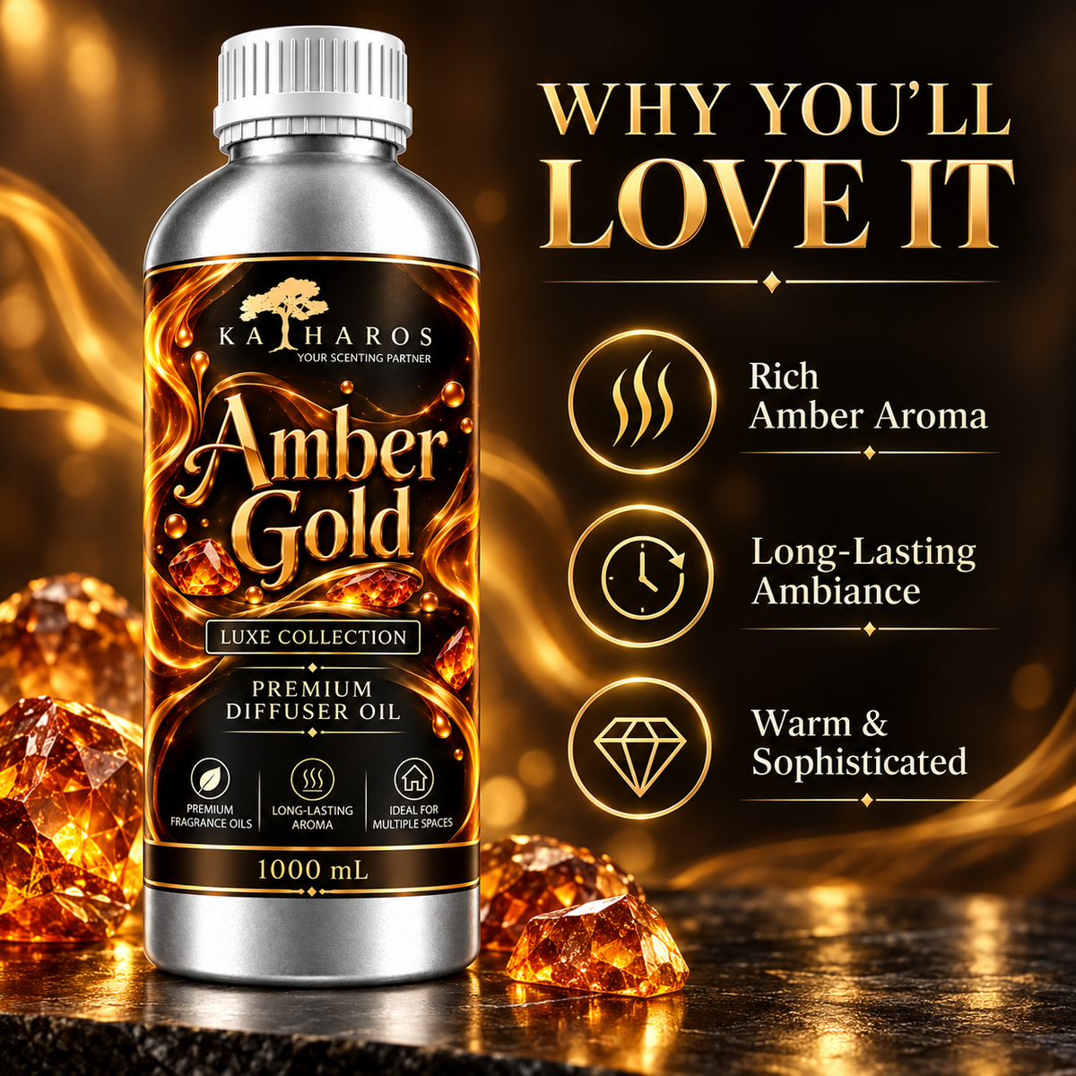 Katharos Amber Gold Luxe fragrance oil, 1 L bottle and fragrance character highlights.