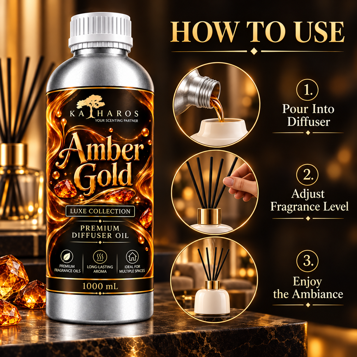 Katharos Amber Gold Luxe fragrance oil, instructions for use in a reed diffuser.