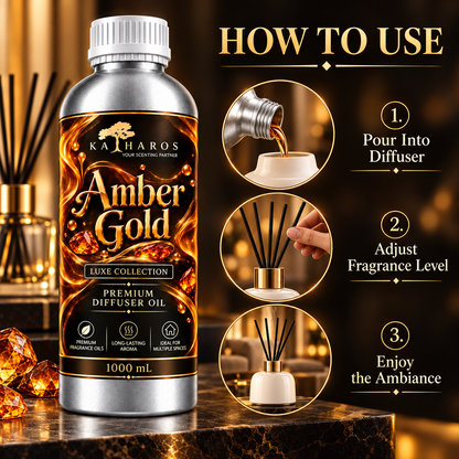 Katharos Amber Gold Luxe fragrance oil, instructions for use in a reed diffuser.