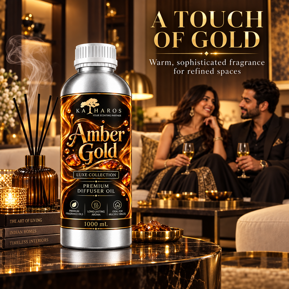 Katharos Amber Gold Luxe fragrance oil, 1 L bottle in a styled home setting with a diffuser.