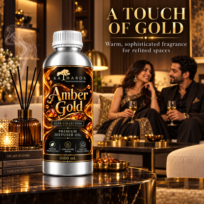 Katharos Amber Gold Luxe fragrance oil, 1 L bottle in a styled home setting with a diffuser.