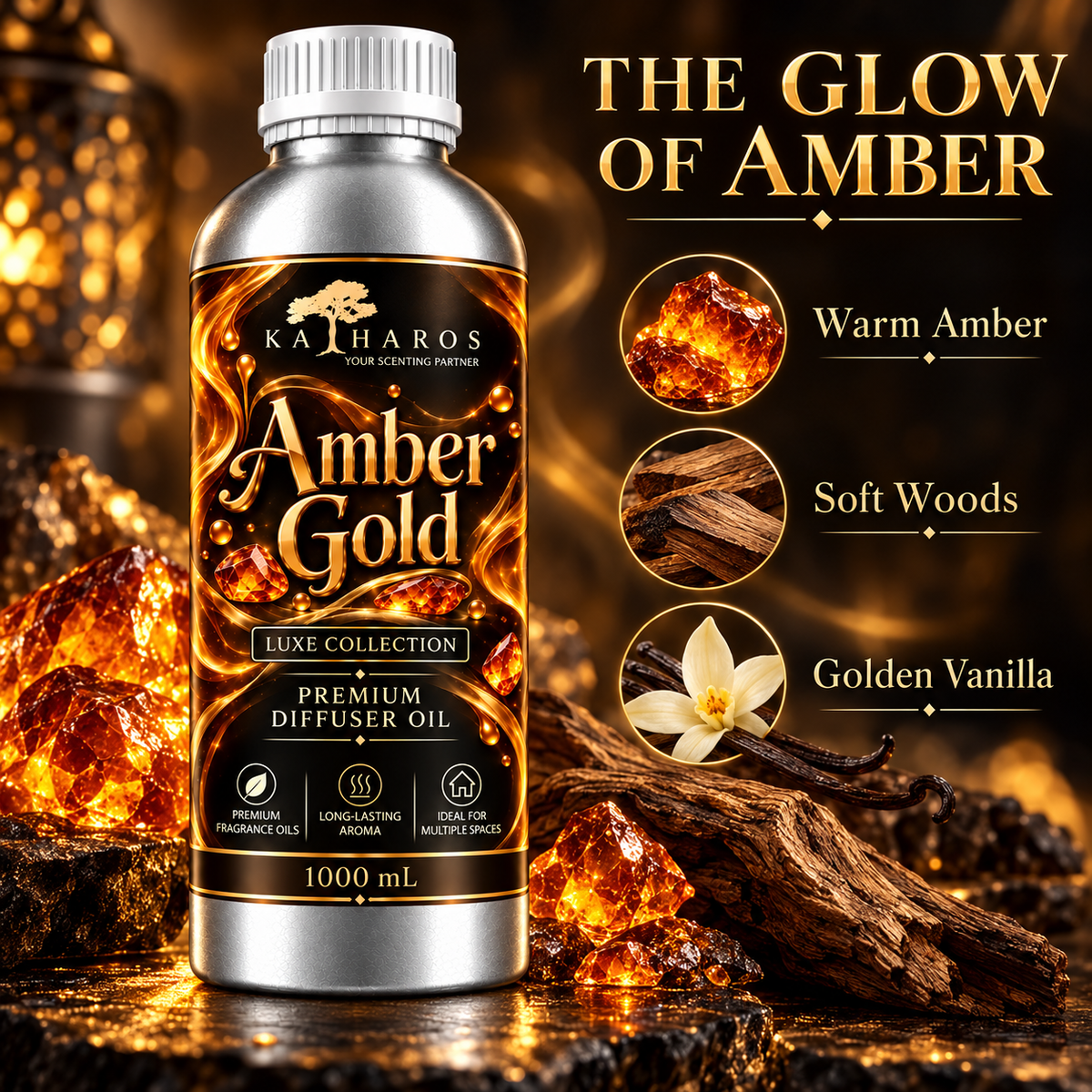 Katharos Amber Gold Luxe fragrance oil, 1 L bottle with amber, woods and vanilla.