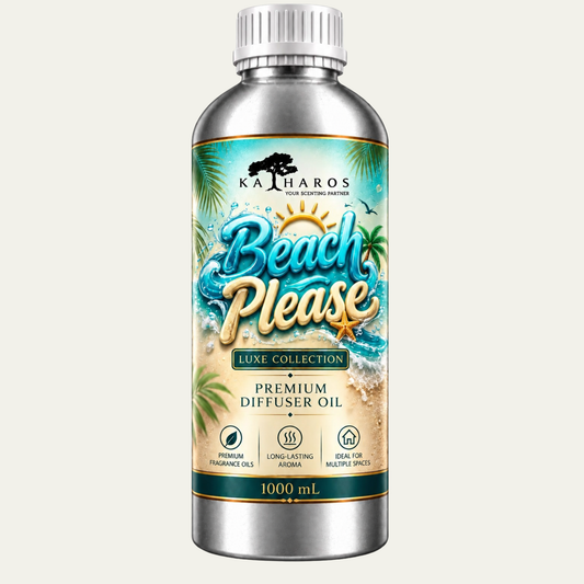 Katharos Beach Please Luxe fragrance oil, 1 L bottle on a light background.