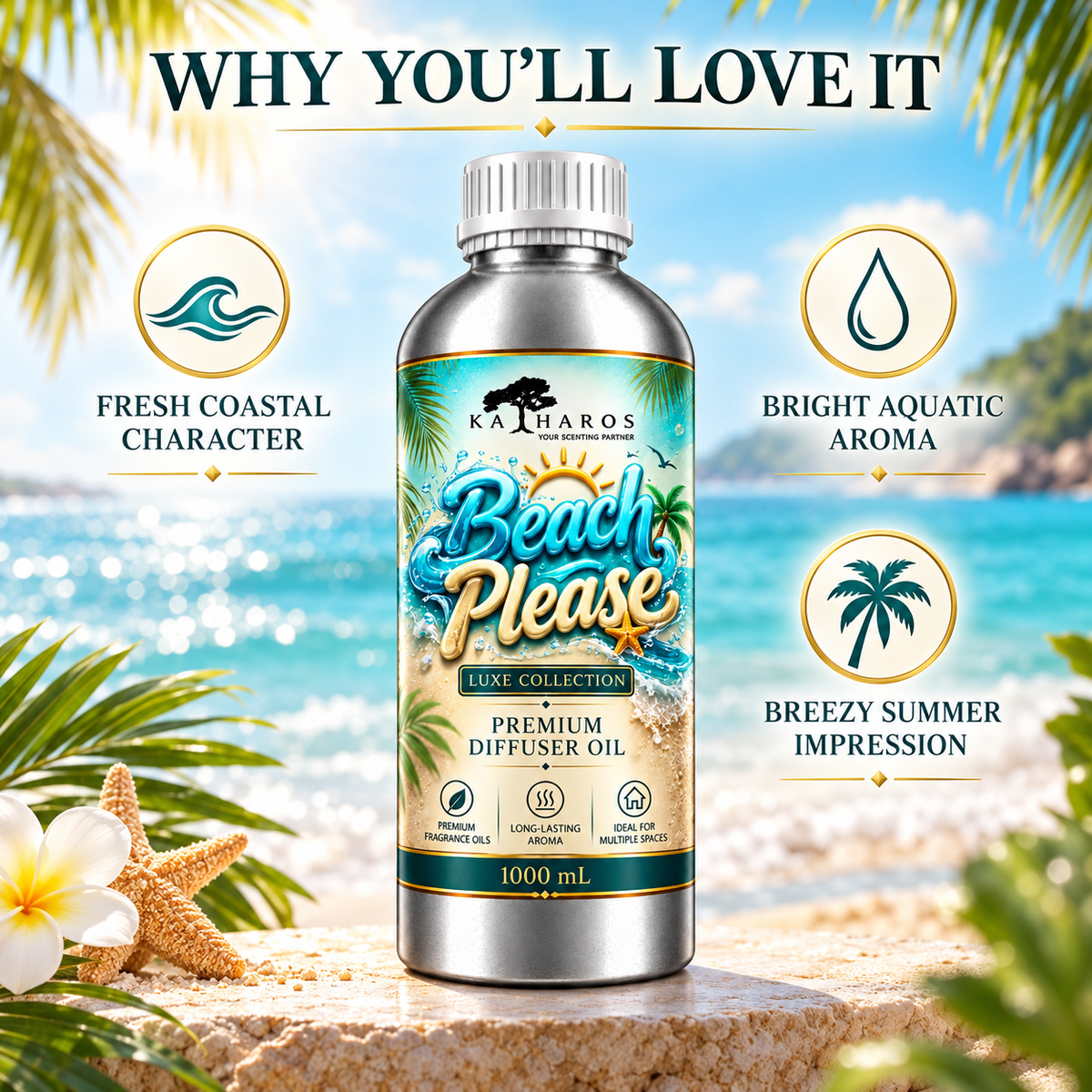 Katharos Beach Please Luxe fragrance oil, 1 L bottle and fragrance character highlights.