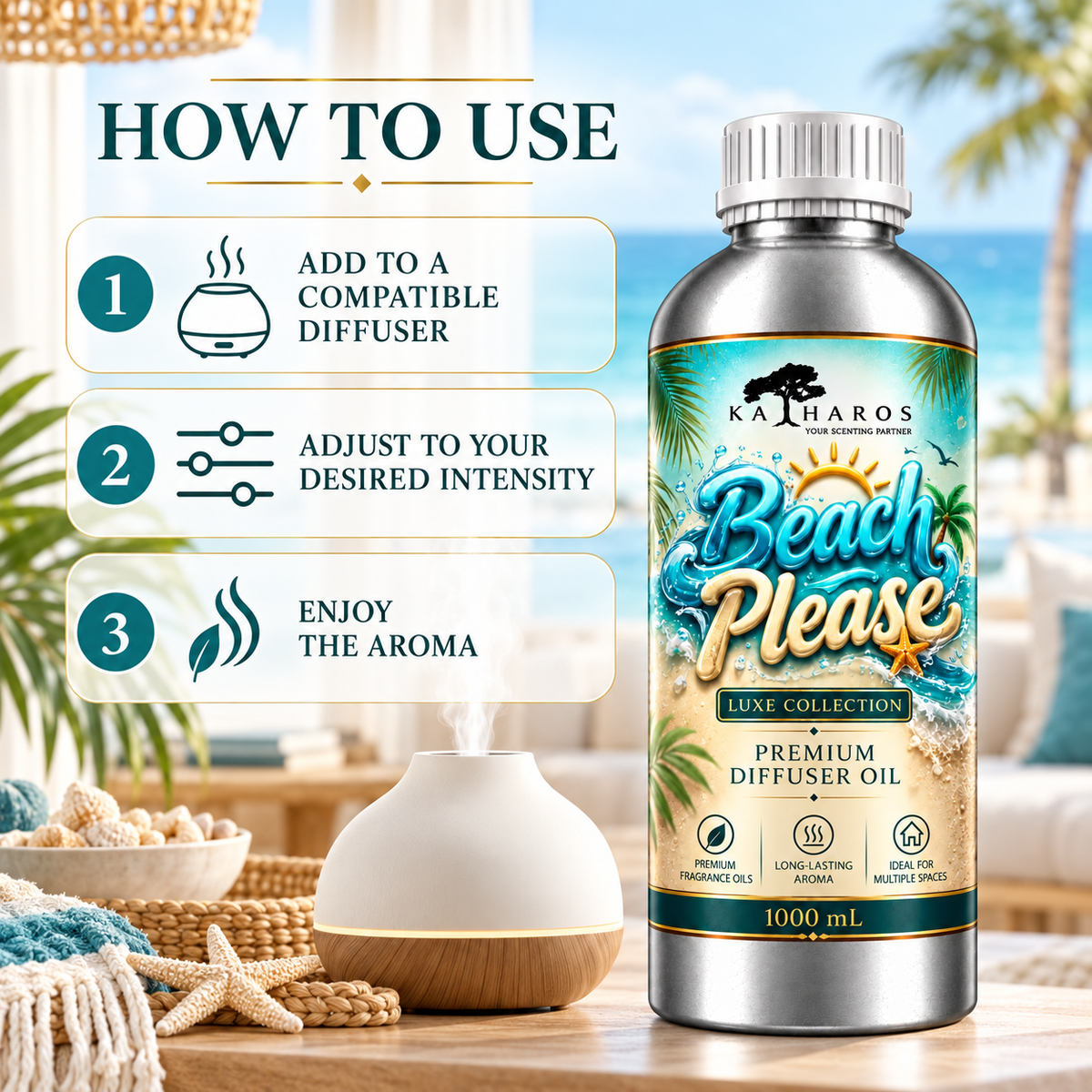Katharos Beach Please Luxe fragrance oil, instructions for use in a compatible diffuser.