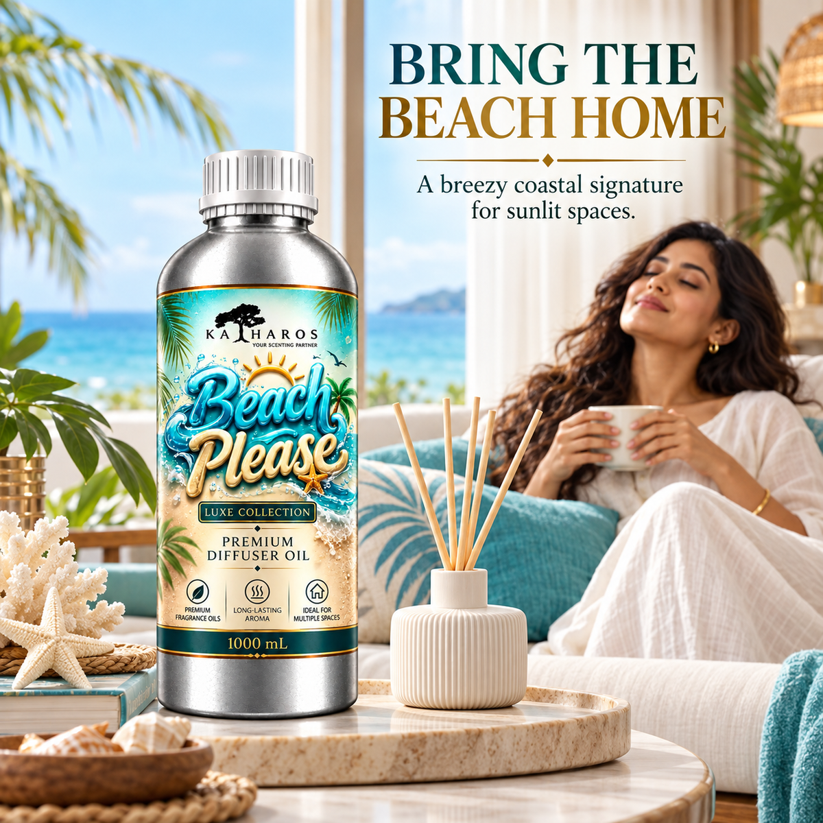 Katharos Beach Please Luxe fragrance oil, 1 L bottle in a styled home setting with a diffuser.