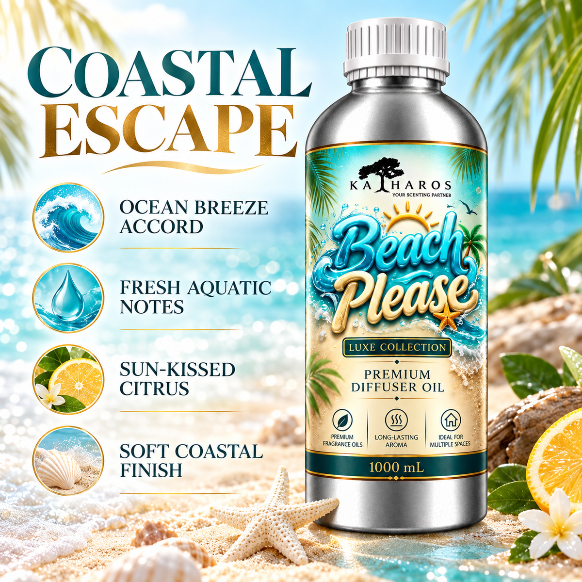 Katharos Beach Please Luxe fragrance oil, 1 L bottle with marine, citrus and coastal scent notes.