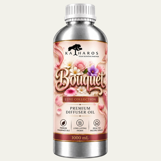 Katharos Bouquet Luxe fragrance oil, 1 L bottle on a light background.