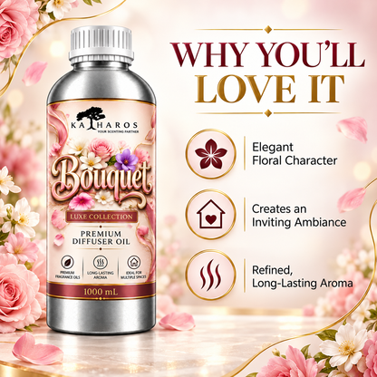 Katharos Bouquet Luxe fragrance oil, 1 L bottle and fragrance character highlights.