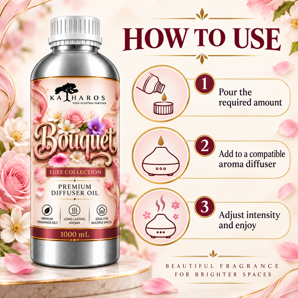 Katharos Bouquet Luxe fragrance oil, instructions for use in a compatible diffuser.