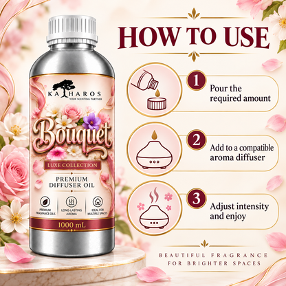 Katharos Bouquet Luxe fragrance oil, instructions for use in a compatible diffuser.
