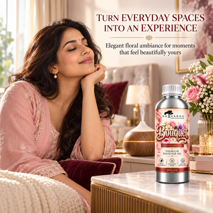 Katharos Bouquet Luxe fragrance oil, 1 L bottle in a styled home setting with a diffuser.