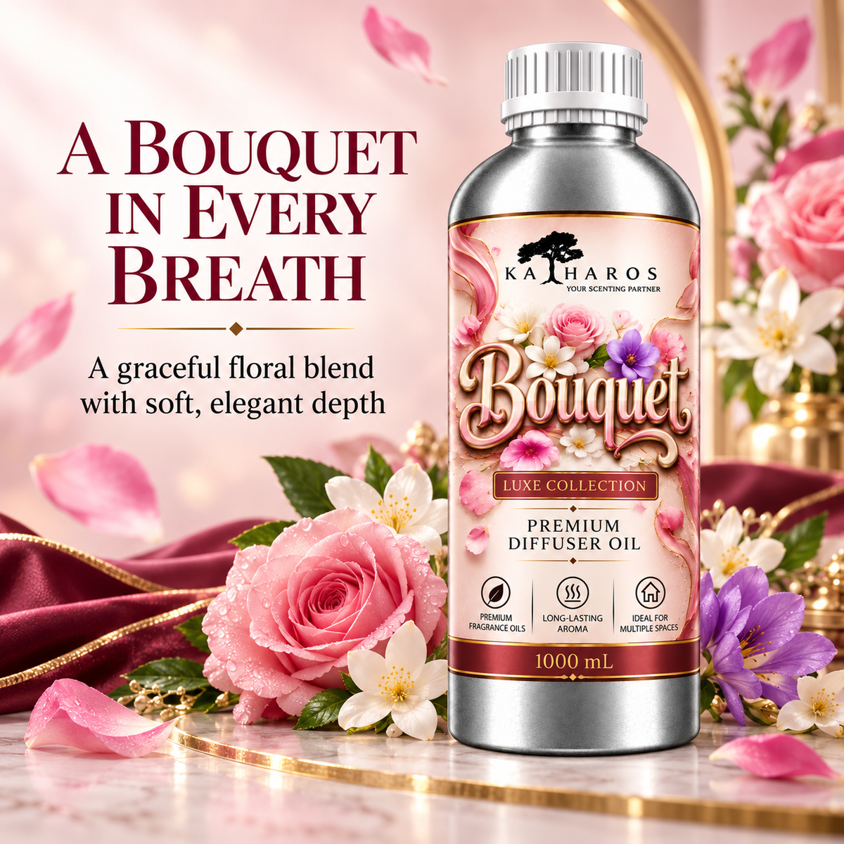 Katharos Bouquet Luxe fragrance oil, 1 L bottle with soft floral scent notes.