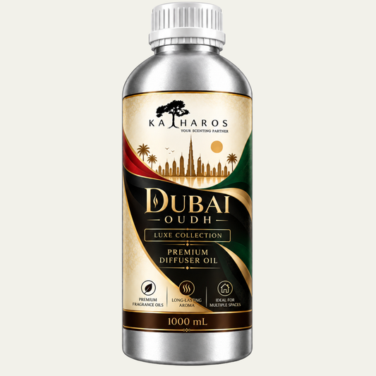 Katharos Dubai Oudh Luxe fragrance oil, 1 L bottle on a light background.