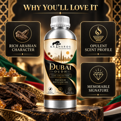 Katharos Dubai Oudh Luxe fragrance oil, 1 L bottle and fragrance character highlights.