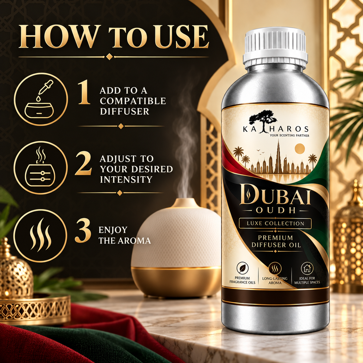 Katharos Dubai Oudh Luxe fragrance oil, instructions for use in a compatible diffuser.