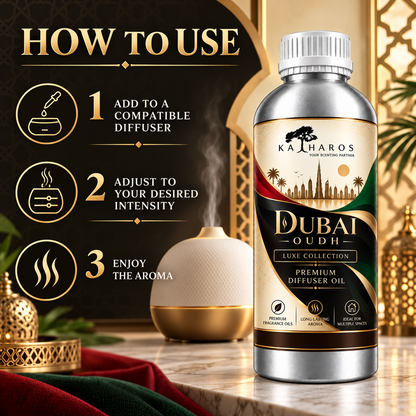 Katharos Dubai Oudh Luxe fragrance oil, instructions for use in a compatible diffuser.