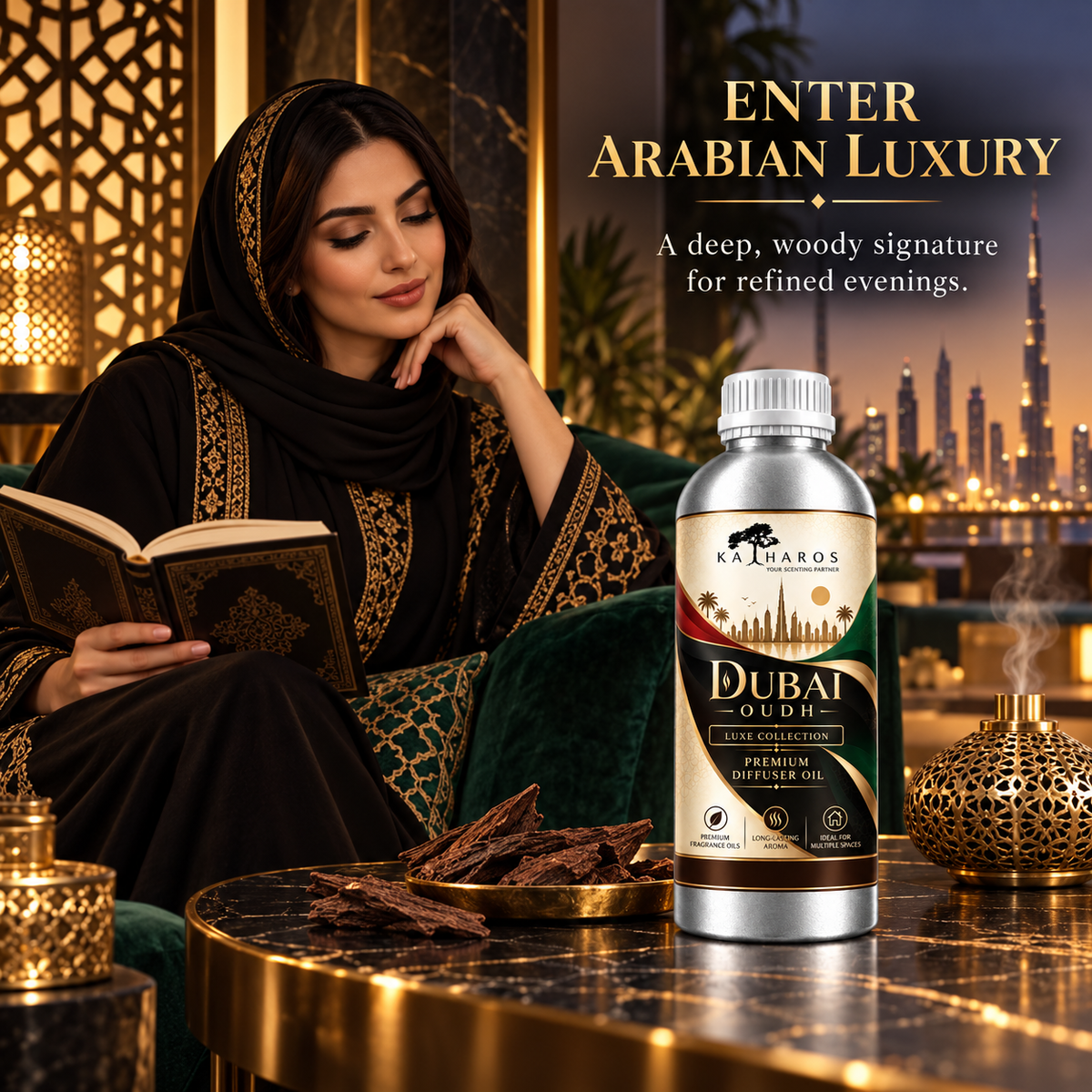 Katharos Dubai Oudh Luxe fragrance oil, 1 L bottle in a styled home setting with a diffuser.