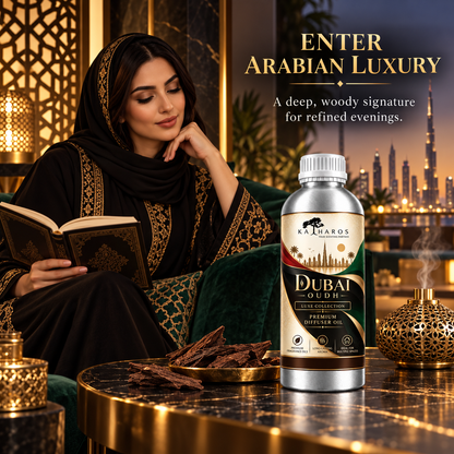 Katharos Dubai Oudh Luxe fragrance oil, 1 L bottle in a styled home setting with a diffuser.