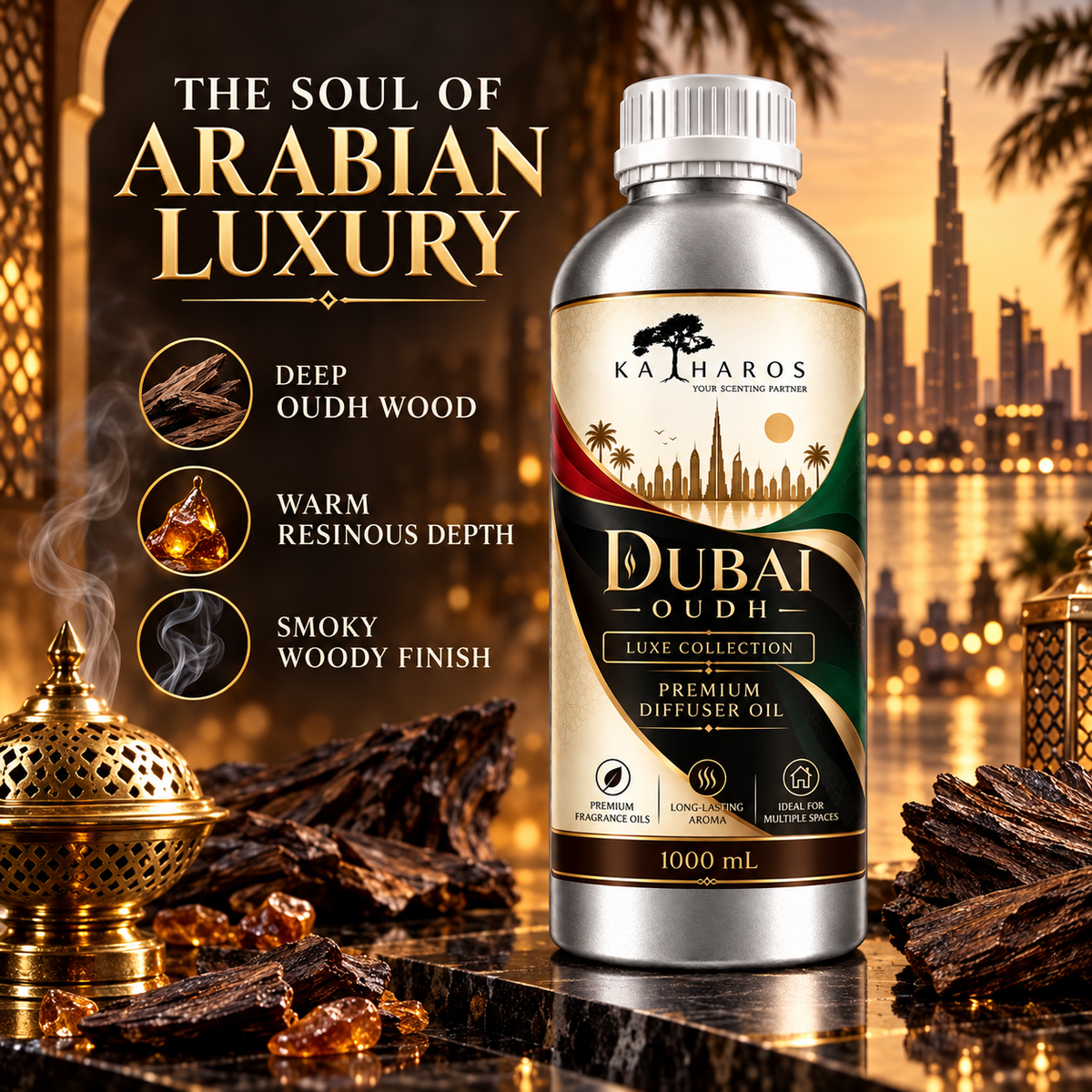 Katharos Dubai Oudh Luxe fragrance oil, 1 L bottle with oud wood, resin and smoky scent notes.